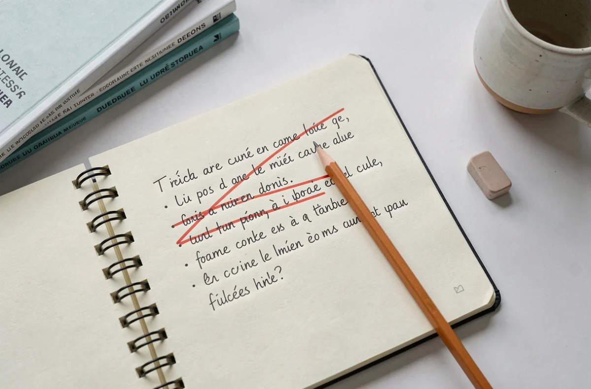 Cahier ouvert avec une correction orthographique manuscrite du verbe accueillir en français, stylo rouge posé sur la page