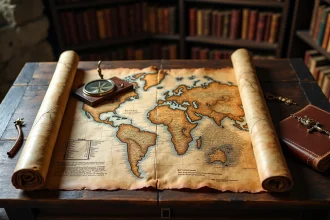 Carte ancienne et journal généalogique évoquant les origines mystérieuses du clan Portgas D dans One Piece