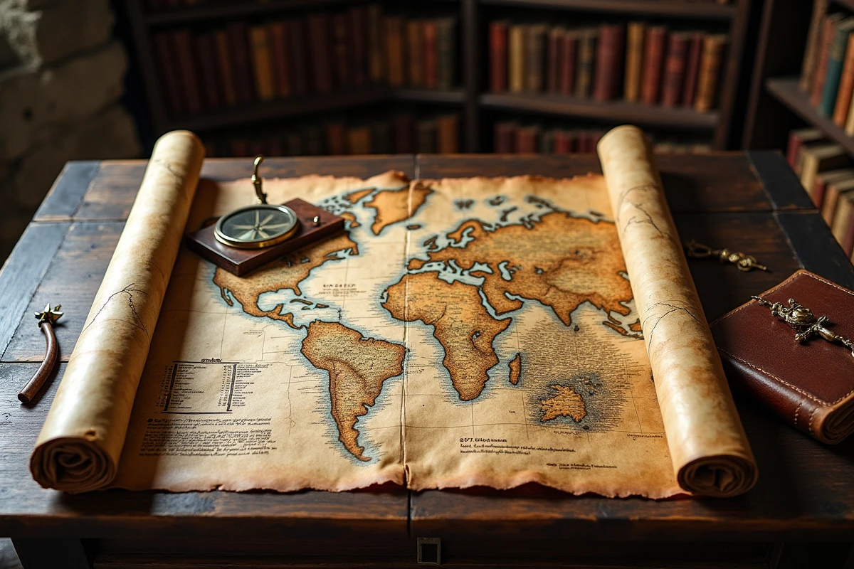 Carte ancienne et journal généalogique évoquant les origines mystérieuses du clan Portgas D dans One Piece