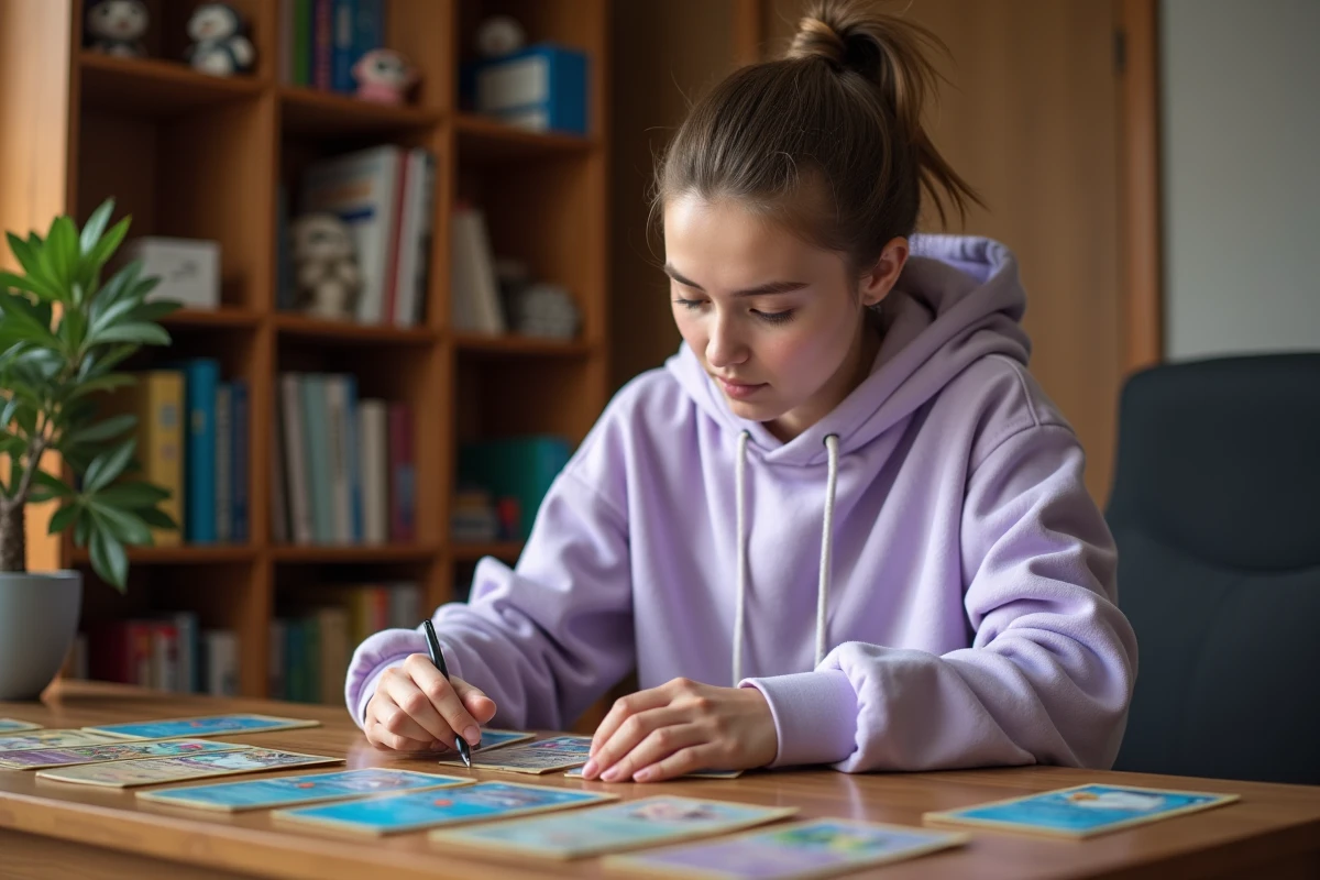 Jeune femme arrangeant des cartes Pokémon de type Fée et Glace sur un bureau en bois dans une salle de jeux cosy