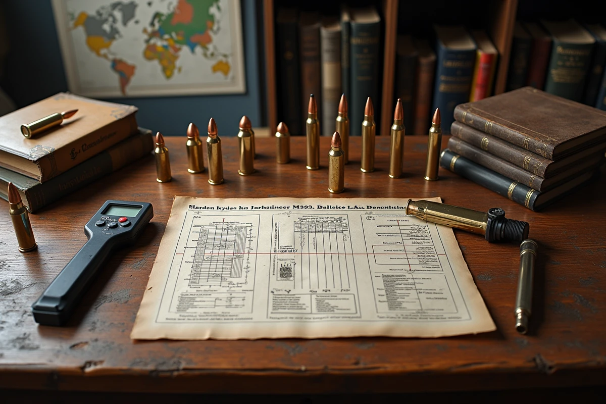 Tableau avec cartouches et graphique balistique sur table en intérieur