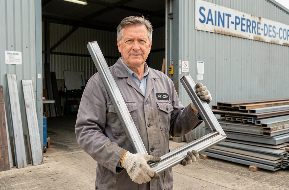 Artisan serrurier-métallier de l'entreprise Chalopin et Fils devant son atelier à Saint-Pierre-des-Corps