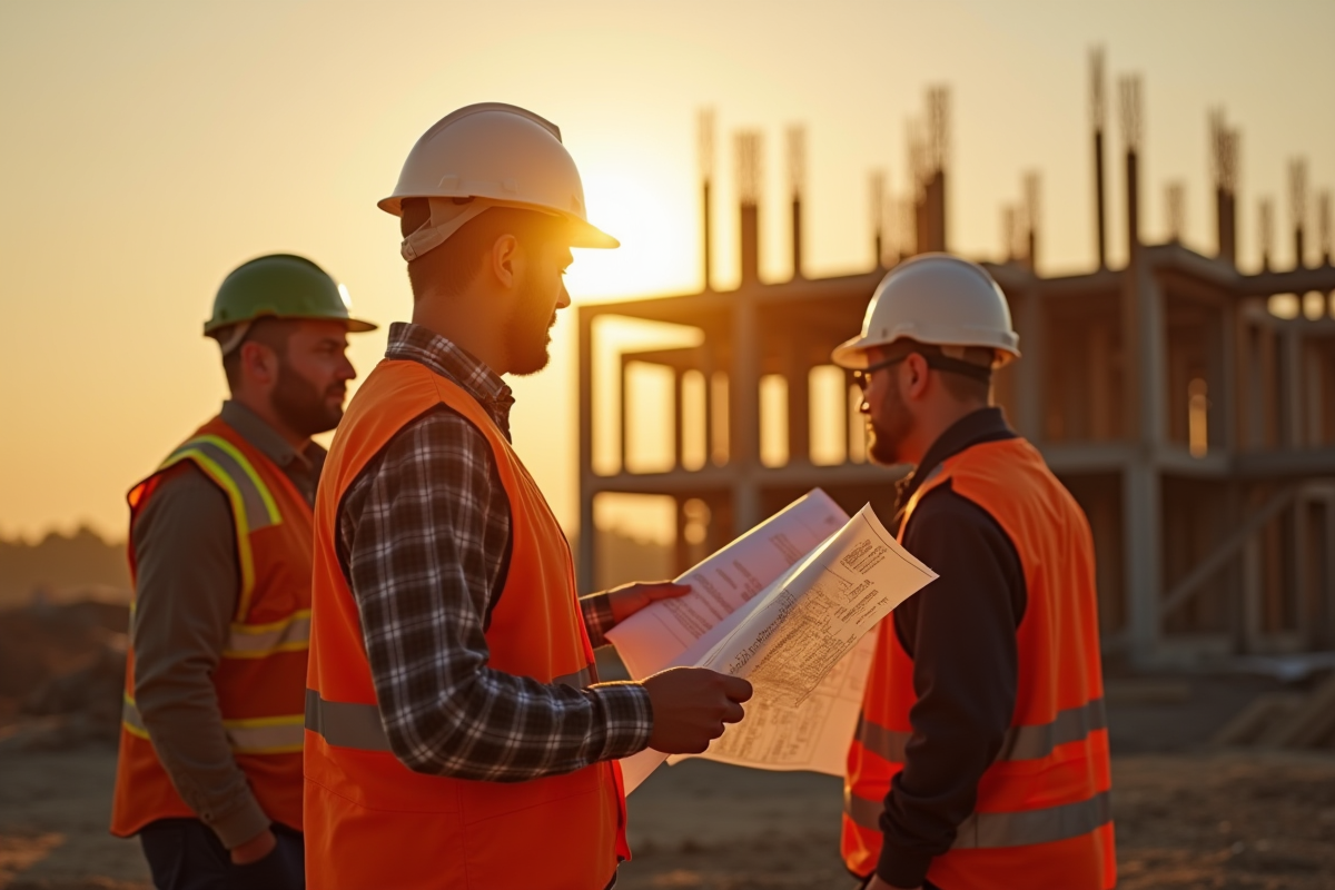 Architecte avec casque discutant sur un chantier en fin de journée