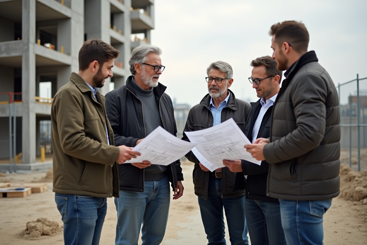 Groupe de clients et architecte discutant sur un site de construction urbain