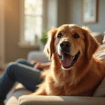 Golden retriever souriant assis sur un canapé dans un salon lumineux