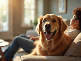 Golden retriever souriant assis sur un canapé dans un salon lumineux