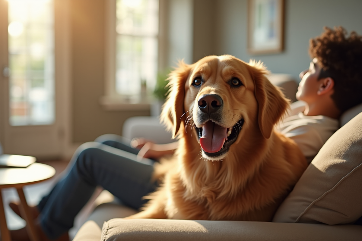 Golden retriever souriant assis sur un canapé dans un salon lumineux