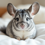 Chinchilla assis sur un lit blanc doux en gros plan