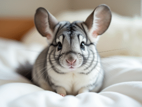 Chinchilla assis sur un lit blanc doux en gros plan