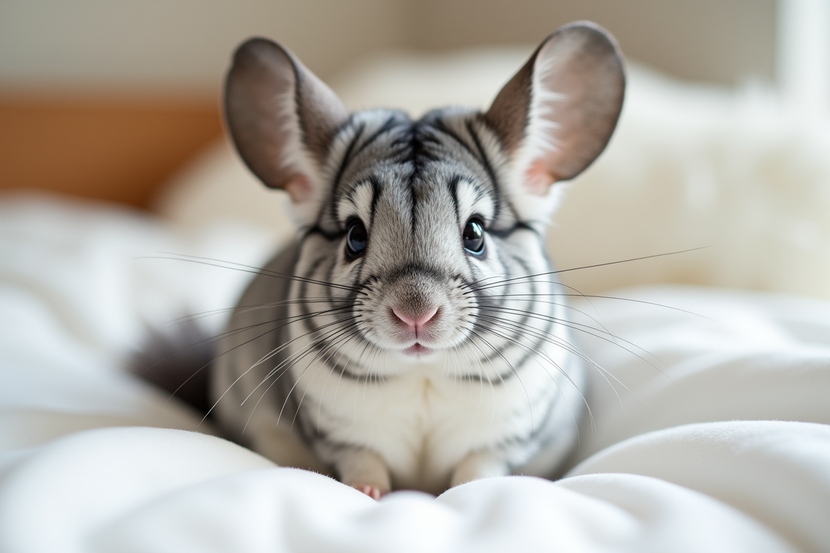 Chinchilla assis sur un lit blanc doux en gros plan