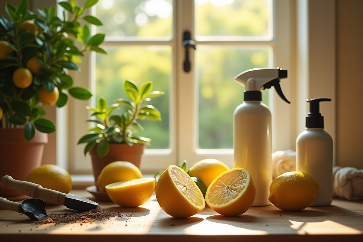 Citron coupé avec outils de jardinage et spray bio