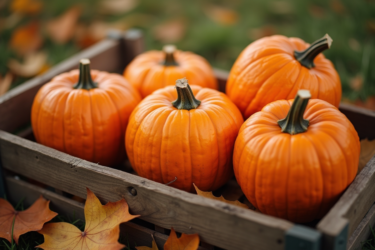 Plusieurs citrouilles orange fraîchement récoltées en caisse en bois