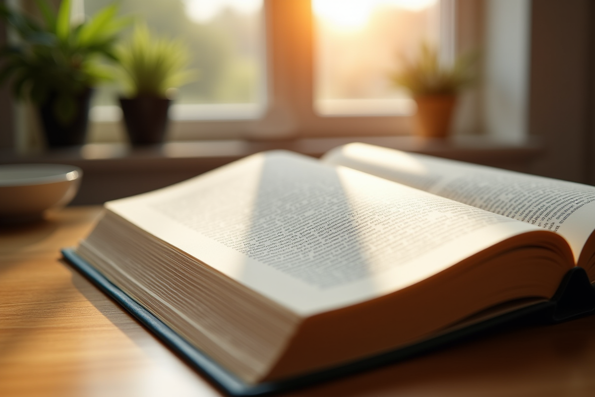 Livre de code civil français ouvert sur un bureau en bois lumineux
