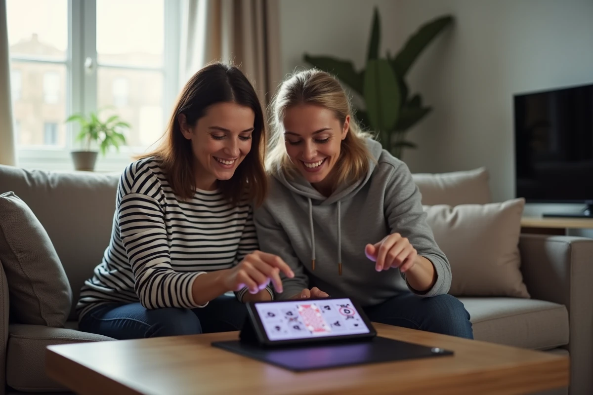 Deux femmes jouant à la coinche en ligne sur une tablette dans un salon