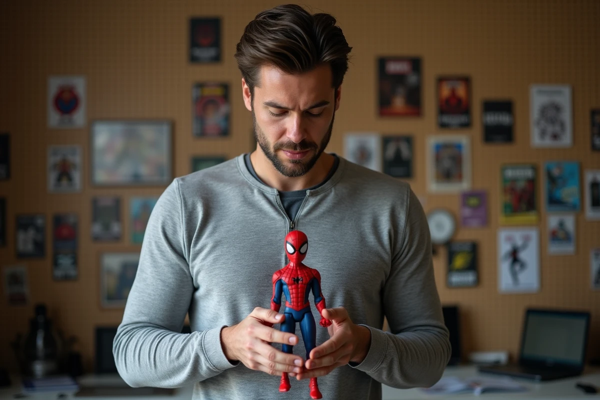 Collectionneur adulte tenant avec soin une figurine Spider-Man édition limitée 2026 en admirant les détails de sculpture