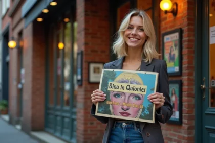 Comedienne française souriante devant théâtre avec affiche