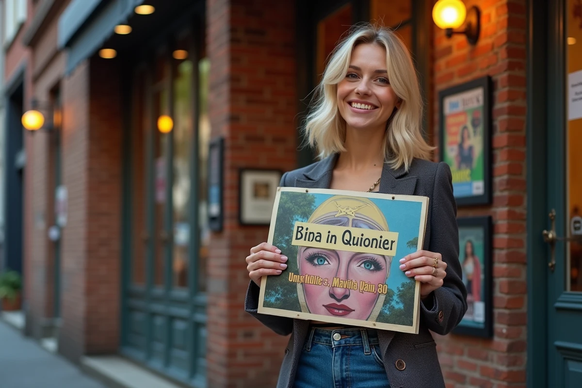 Comedienne française souriante devant théâtre avec affiche
