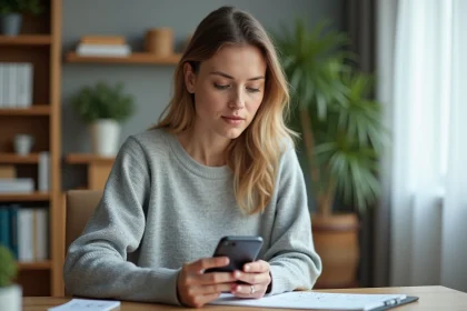 Femme composant un numéro international +44 depuis son bureau à domicile avec un smartphone