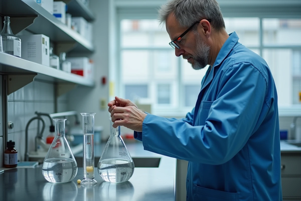 Scientifique en laboratoire comparant un bécher de 600 ml et un récipient d'un litre pour illustrer la conversion