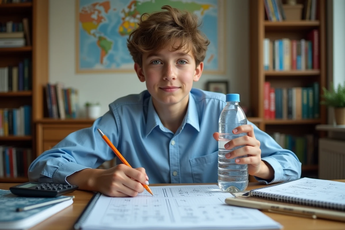 Adolescent utilisant une bouteille de 600 ml et une calculatrice pour apprendre la conversion en litres