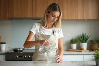 Femme versant 600 ml d'eau dans une carafe d'un litre avec une tasse graduée dans une cuisine moderne