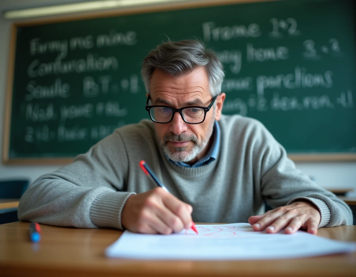 Homme corrigeant un texte avec un stylo rouge dans une salle de classe avec un tableau de grammaire française