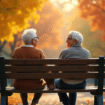Couple âgé assis sur un banc dans un parc en automne