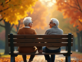 Couple âgé assis sur un banc dans un parc en automne