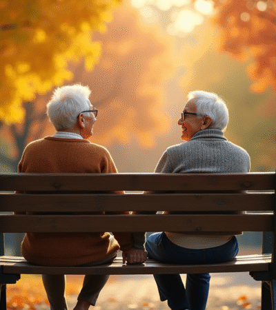 Couple âgé assis sur un banc dans un parc en automne