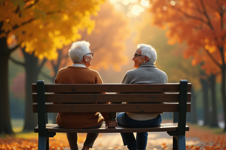 Couple âgé assis sur un banc dans un parc en automne