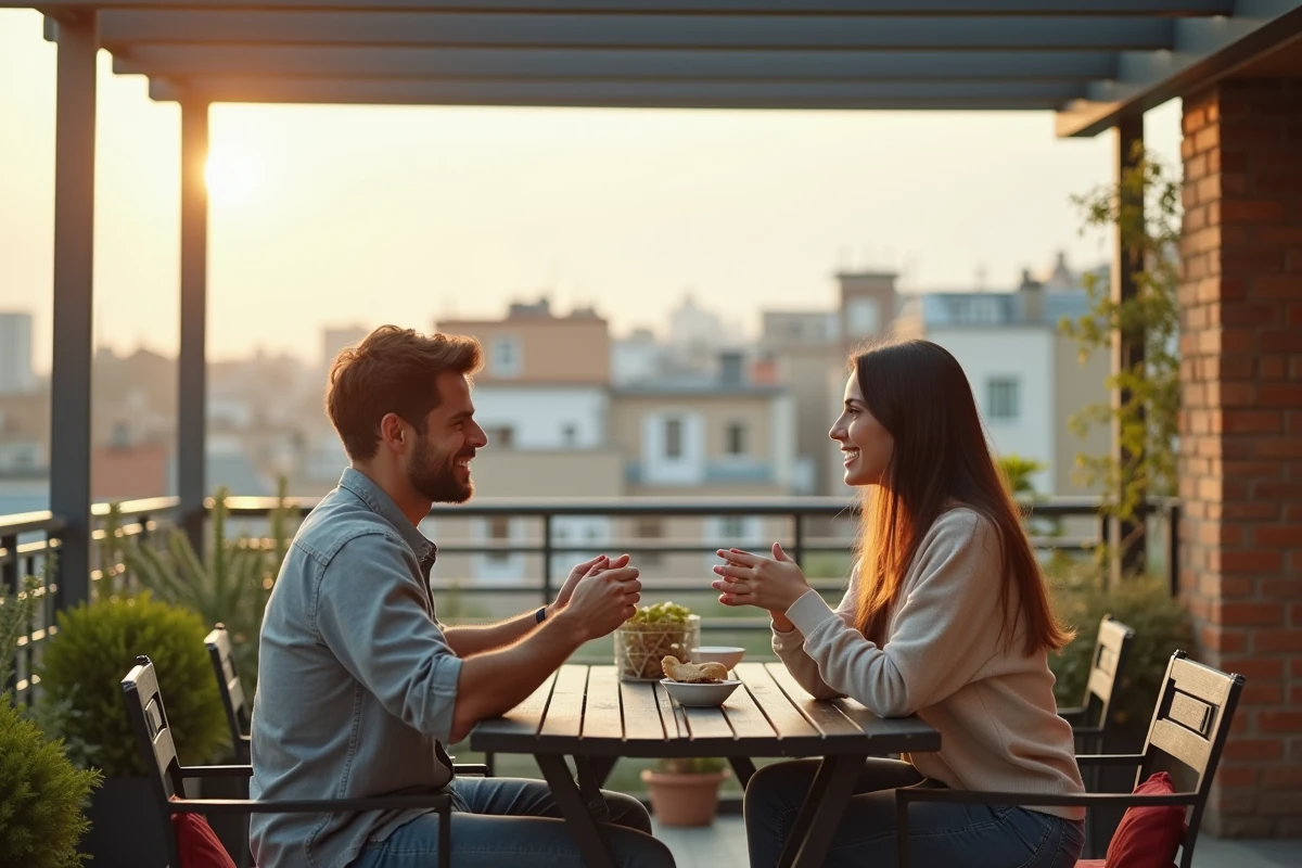 Jeune couple assis sous une pergola sur un balcon urbain