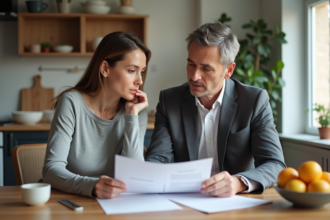 Couple d'adultes examinant des documents de santé à la maison