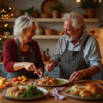 Couple souriant préparant un dîner anniversaire dans une cuisine chaleureuse