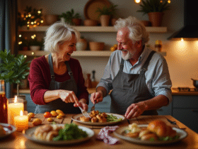 Couple souriant préparant un dîner anniversaire dans une cuisine chaleureuse