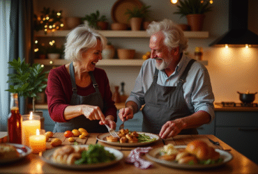 Couple souriant préparant un dîner anniversaire dans une cuisine chaleureuse
