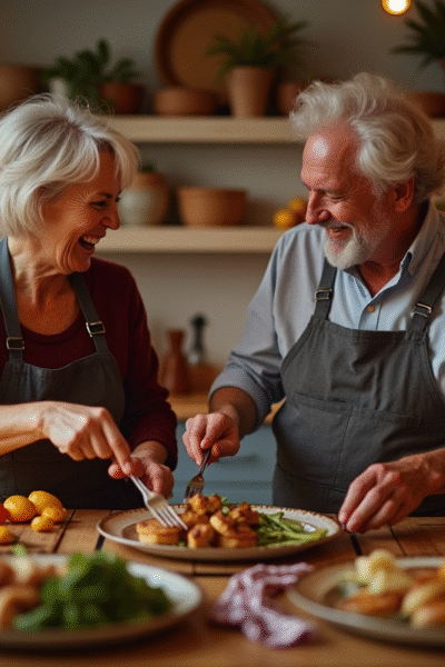 Couple souriant préparant un dîner anniversaire dans une cuisine chaleureuse