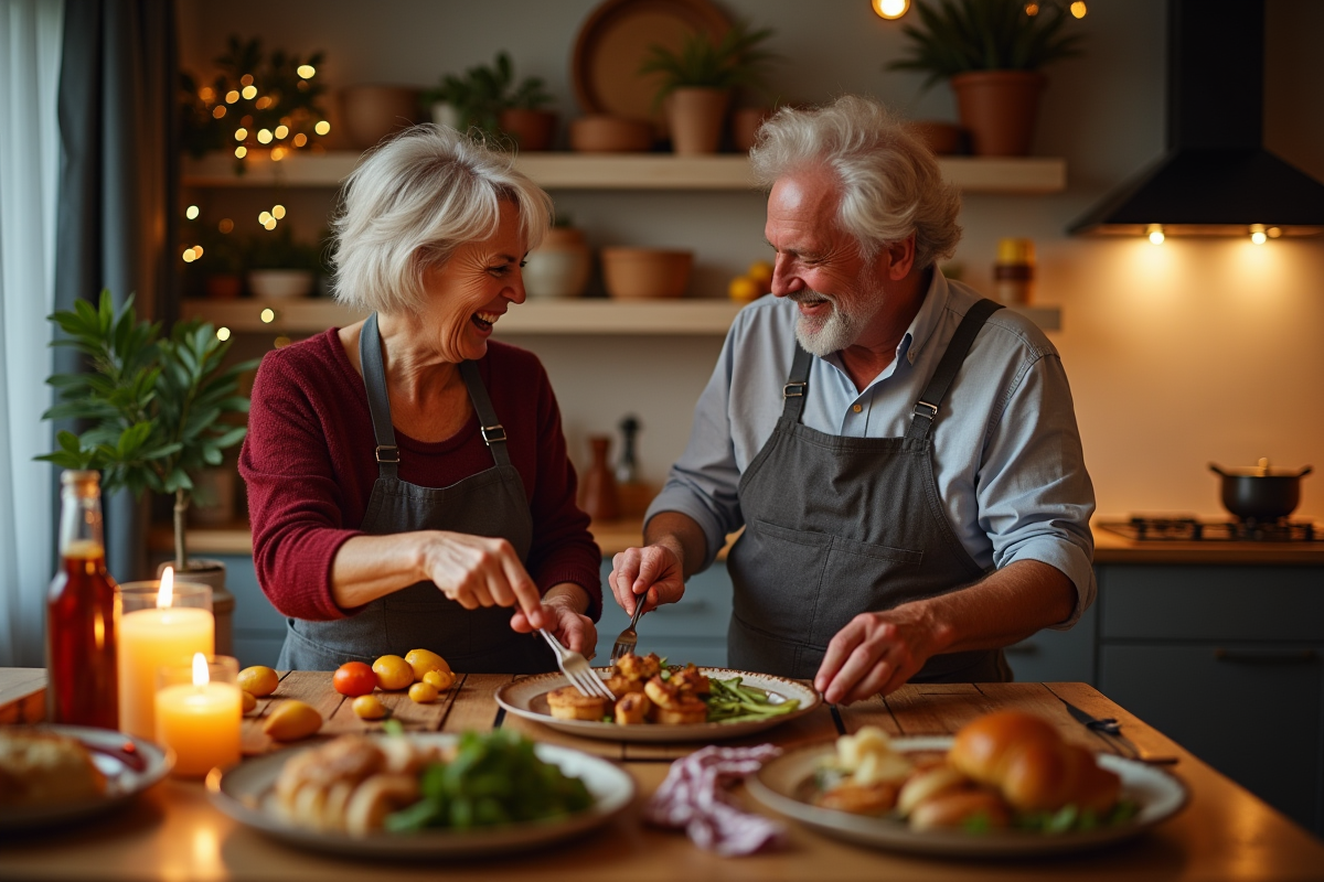 Couple souriant préparant un dîner anniversaire dans une cuisine chaleureuse