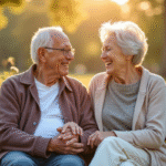 Couple âgé main dans la main dans un parc en fleurs