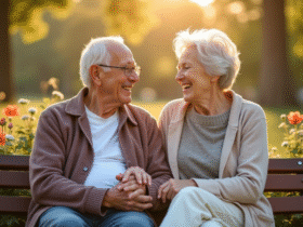 Couple âgé main dans la main dans un parc en fleurs