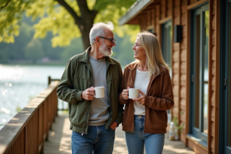 Couple souriant avec tasses de café au bord du lac