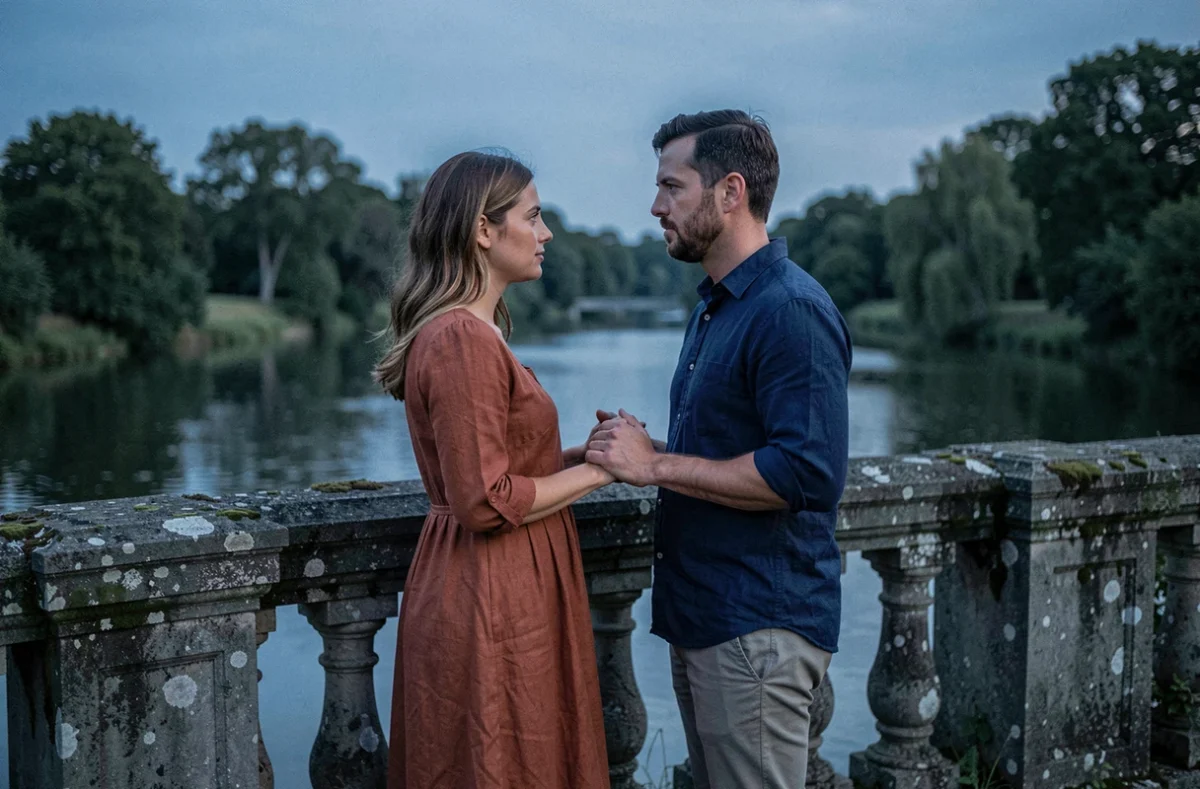 Couple face à face sur un pont en pierre tenant leurs mains, symbolisant les liens karmiques et les enjeux cachés dans les relations amoureuses