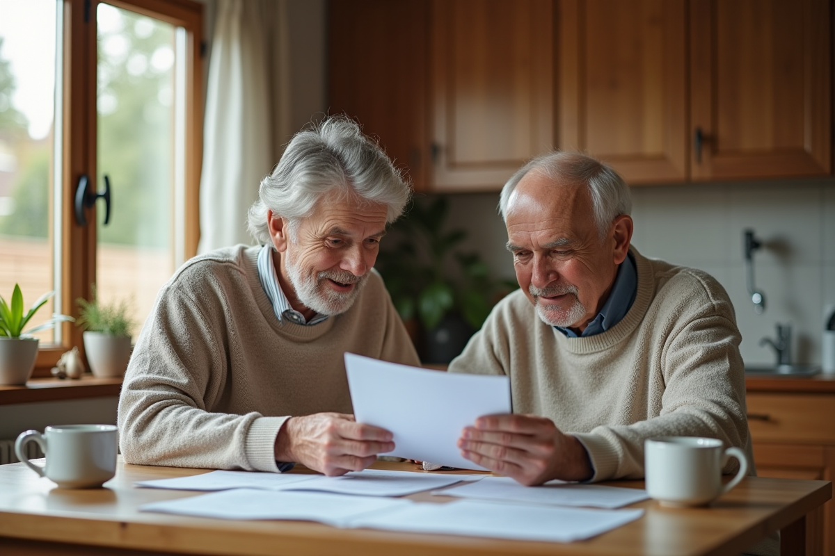 Couple âgé examinant des papiers de credit à la maison