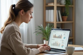 Créatrice de contenu analysant les nouvelles règles légales sur son ordinateur portable dans un bureau à domicile