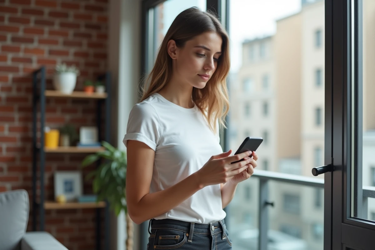 Jeune créatrice de contenu tenant un smartphone avec une application de plateforme d'abonnement, réfléchissant aux changements législatifs