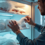 Personne degivrant un congelateur maison avec givre sur les étagères