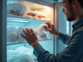 Personne degivrant un congelateur maison avec givre sur les étagères
