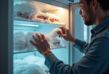 Personne degivrant un congelateur maison avec givre sur les étagères