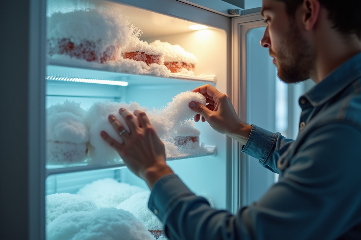 Personne degivrant un congelateur maison avec givre sur les étagères