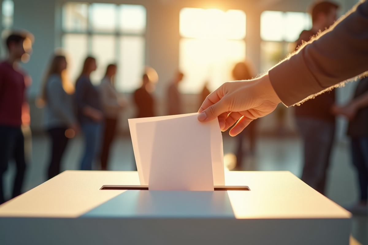 Main plaçant un document dans une urne dans un bureau de vote
