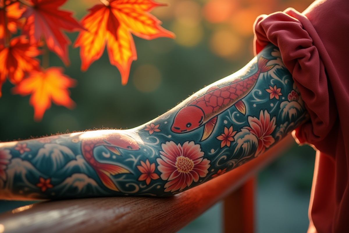 Bras avec tatouages japonais colorés de poissons et fleurs dans un jardin